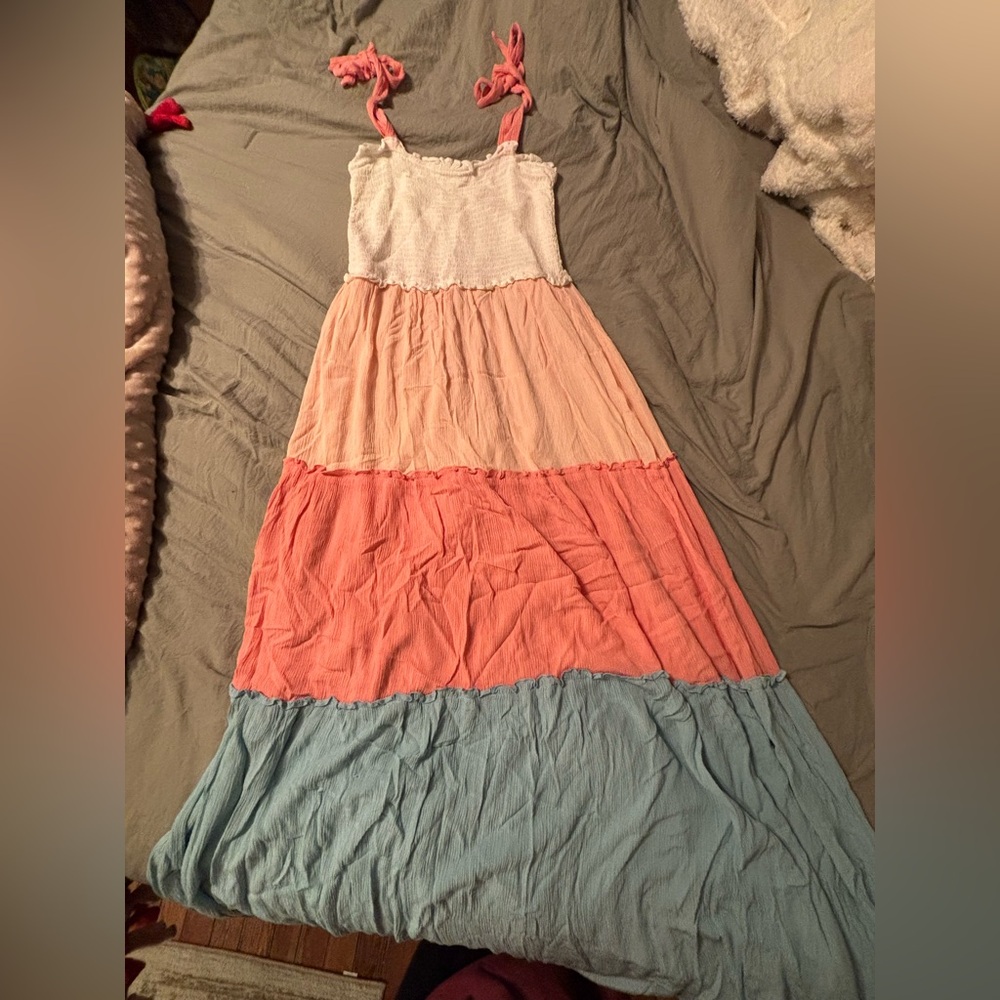 Colorful Tiered Casual Dress ties on the shoulders for comfort and size.
